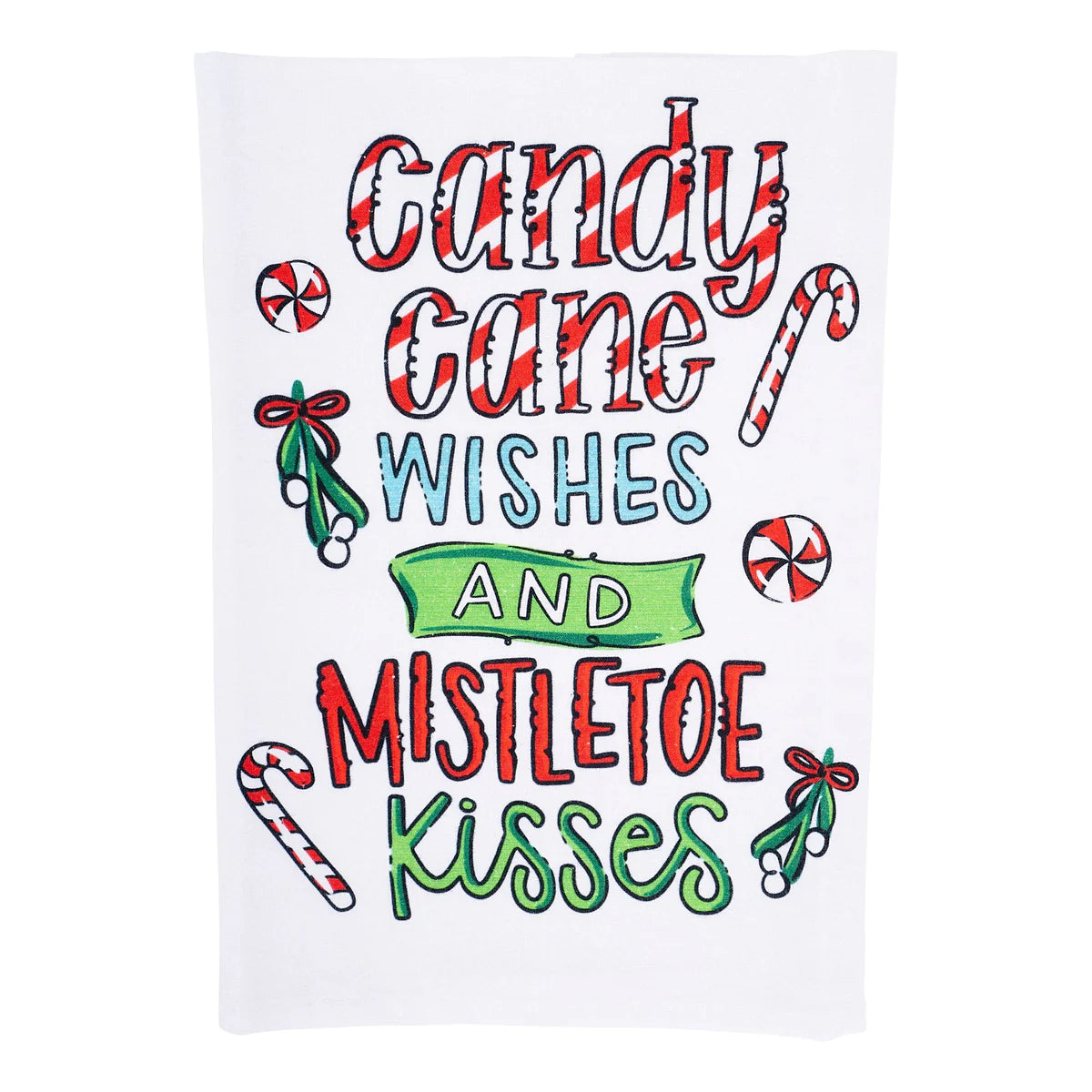 Festive sign with "candy cane wishes and mistletoe kisses" in colorful fonts. Decorated with candy canes, peppermint swirls, and mistletoe on a white background. Sizes available: Small, Medium, Large.