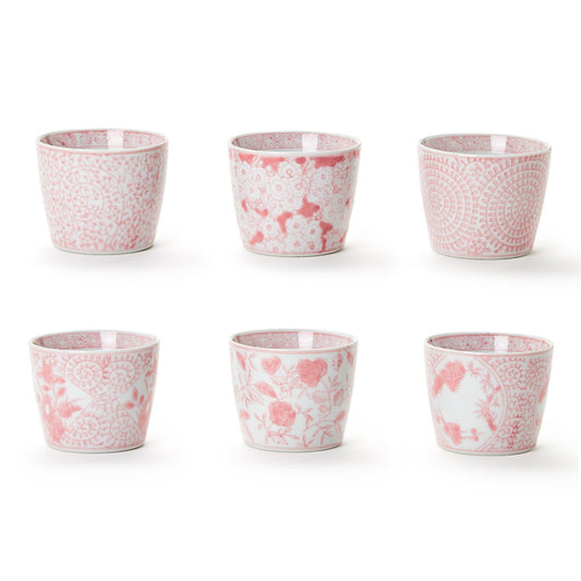 Pink Chinoiserie Cachepot with hand-painted floral and geometric designs on white porcelain. Available in small and large sizes.