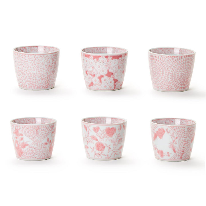 Pink Chinoiserie Cachepot with hand-painted floral and geometric designs on white porcelain. Available in small and large sizes.