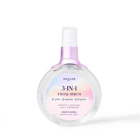 Clear round 3.4 fl oz bottle of 3-in-1 Face Serum with lavender pump, Vitamin C, Hyaluronic Acid, Niacinamide. Made in Korea.