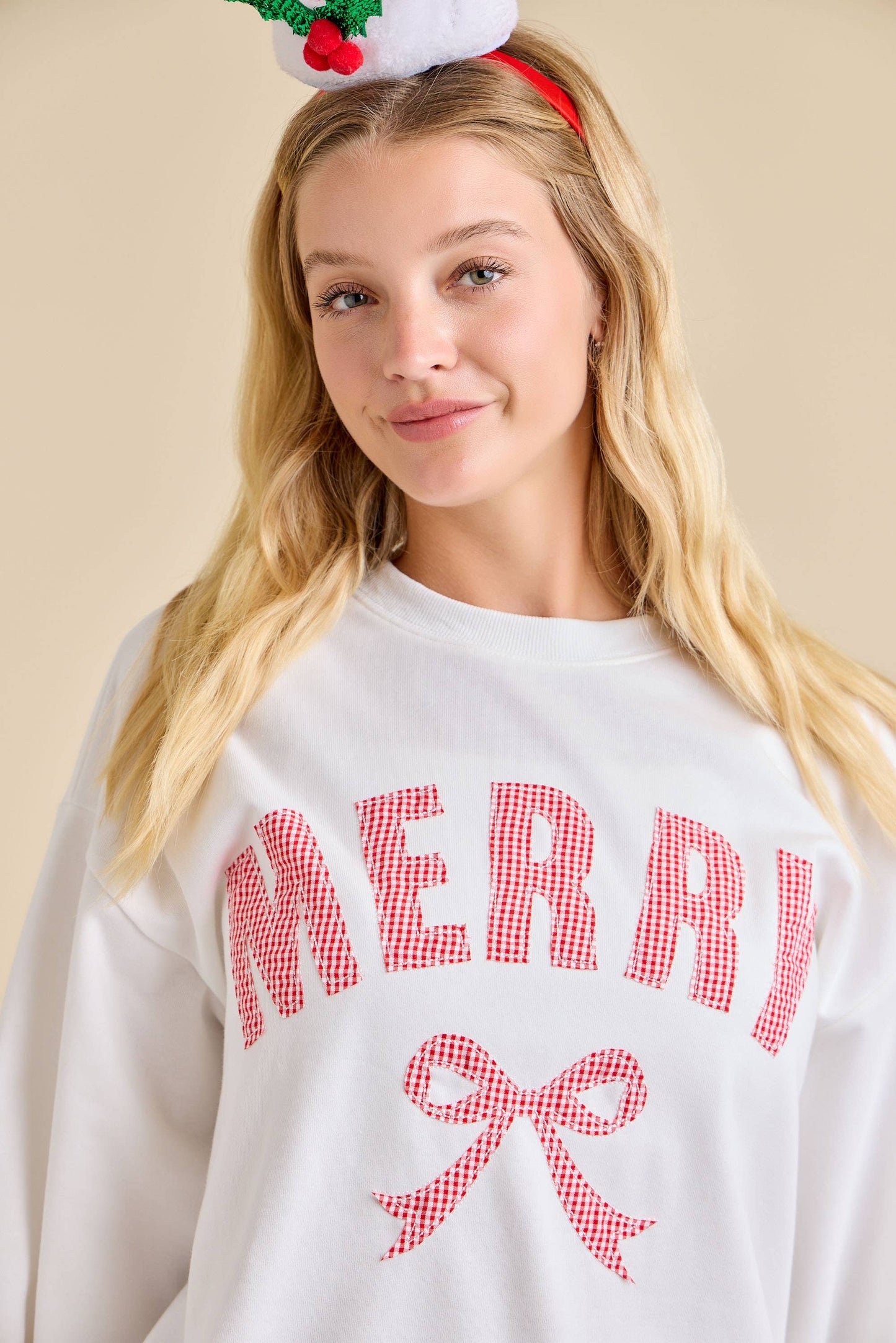 Merry Patchwork Sweatshirt with Ribbon Bow Detail