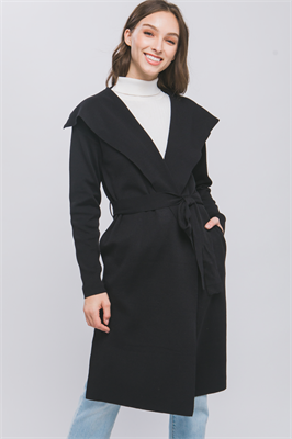 The Open Knit Coat with Ribbon Waist is a black wrap coat featuring a wide collar and ribbon waist, offering an elegant design. Sizes available: S, M, L, XL.