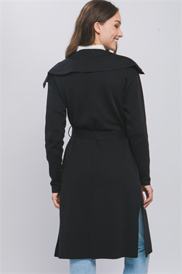 Elegant black Open Knit Coat with ribbon waist. Available in sizes XS, S, M, L, XL.