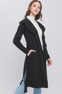 Open Knit Coat with Ribbon Waist: A long black open-front cardigan featuring pockets and side slits. Available in sizes XS to XL.