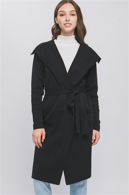 The "Open Knit Coat with Ribbon Waist" is a black coat featuring an open knit design and a ribbon tie at the waist. Available in sizes S, M, L, and XL.