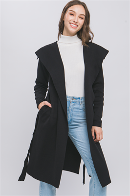 Open Knit Coat with Ribbon Waist: A stylish black open-front cardigan featuring a belt and pockets. Sizes available: S, M, L.