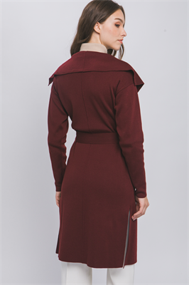 Open Knit Coat with Ribbon Waist in maroon, knee-length with a side slit. Available sizes: S, M, L, XL.