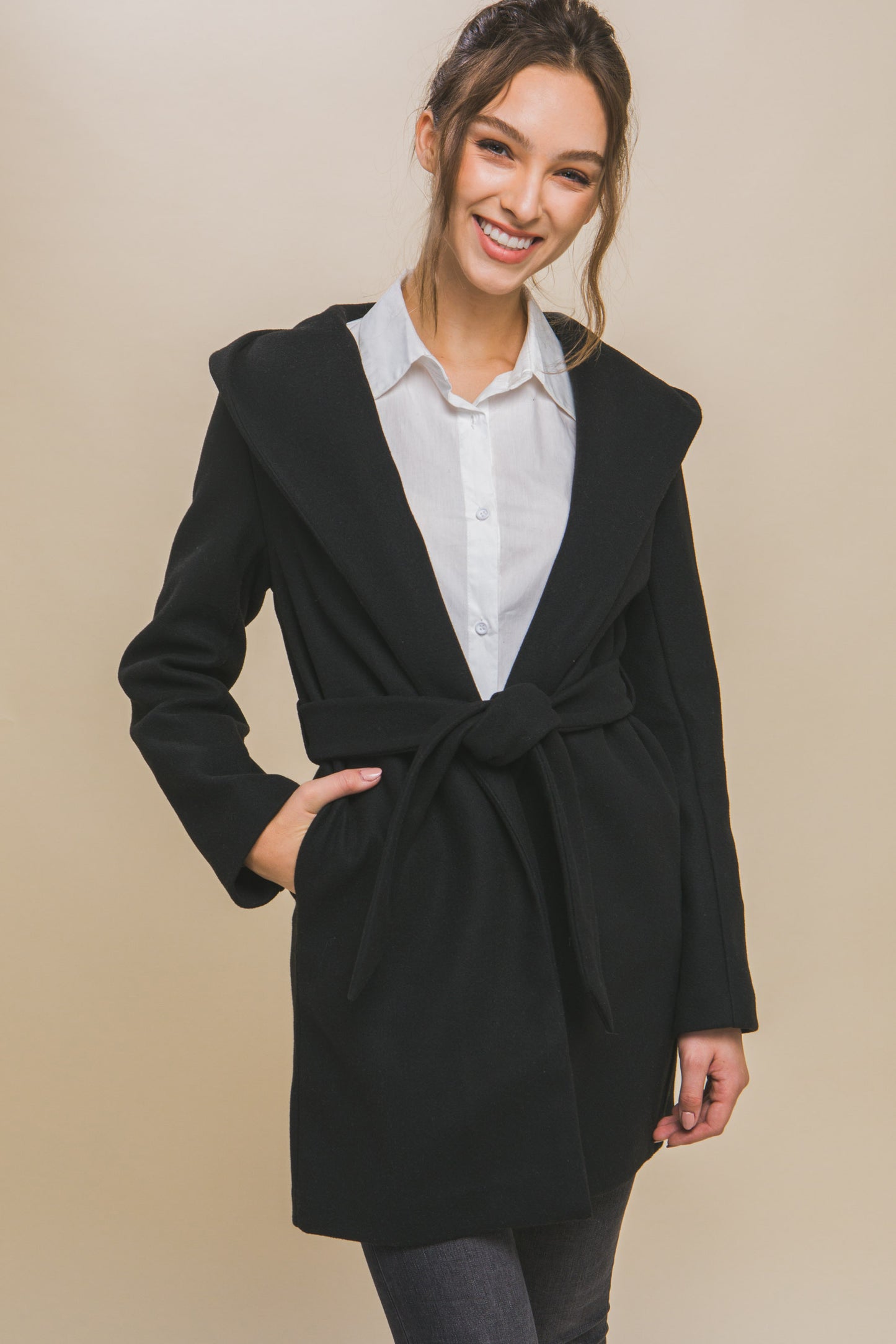 Fleece Belted Hoodie Coat in black, featuring a stylish tied belt. Sizes available: S, M, L, XL.