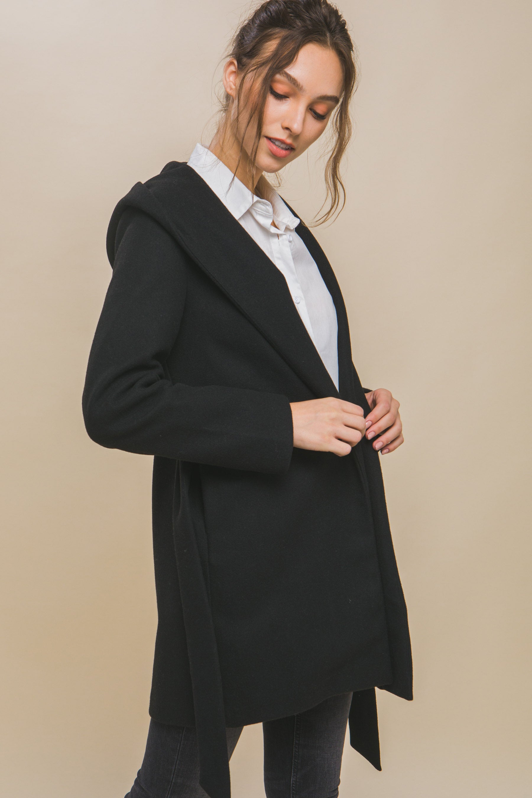 Black Fleece Belted Hoodie Coat with a stylish and cozy design. Available in sizes XS, S, M, L, XL.