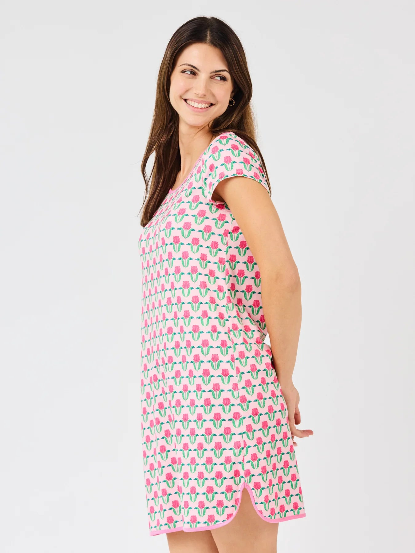 Melody Flora Fanfare Pink Nightshirt, short-sleeved, ButterSoft fabric. Available in sizes S-XL.
