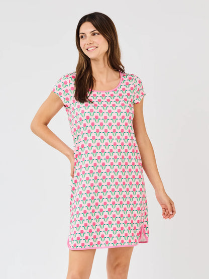 Melody Flora Fanfare Pink Nightshirt: knee-length, short-sleeved, ButterSoft fabric, pink/green cactus print. Sizes S-XL.
