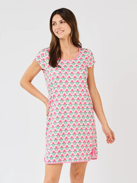 Melody Flora Fanfare Pink Nightshirt: knee-length, short-sleeved, ButterSoft fabric, pink/green cactus print. Sizes S-XL.