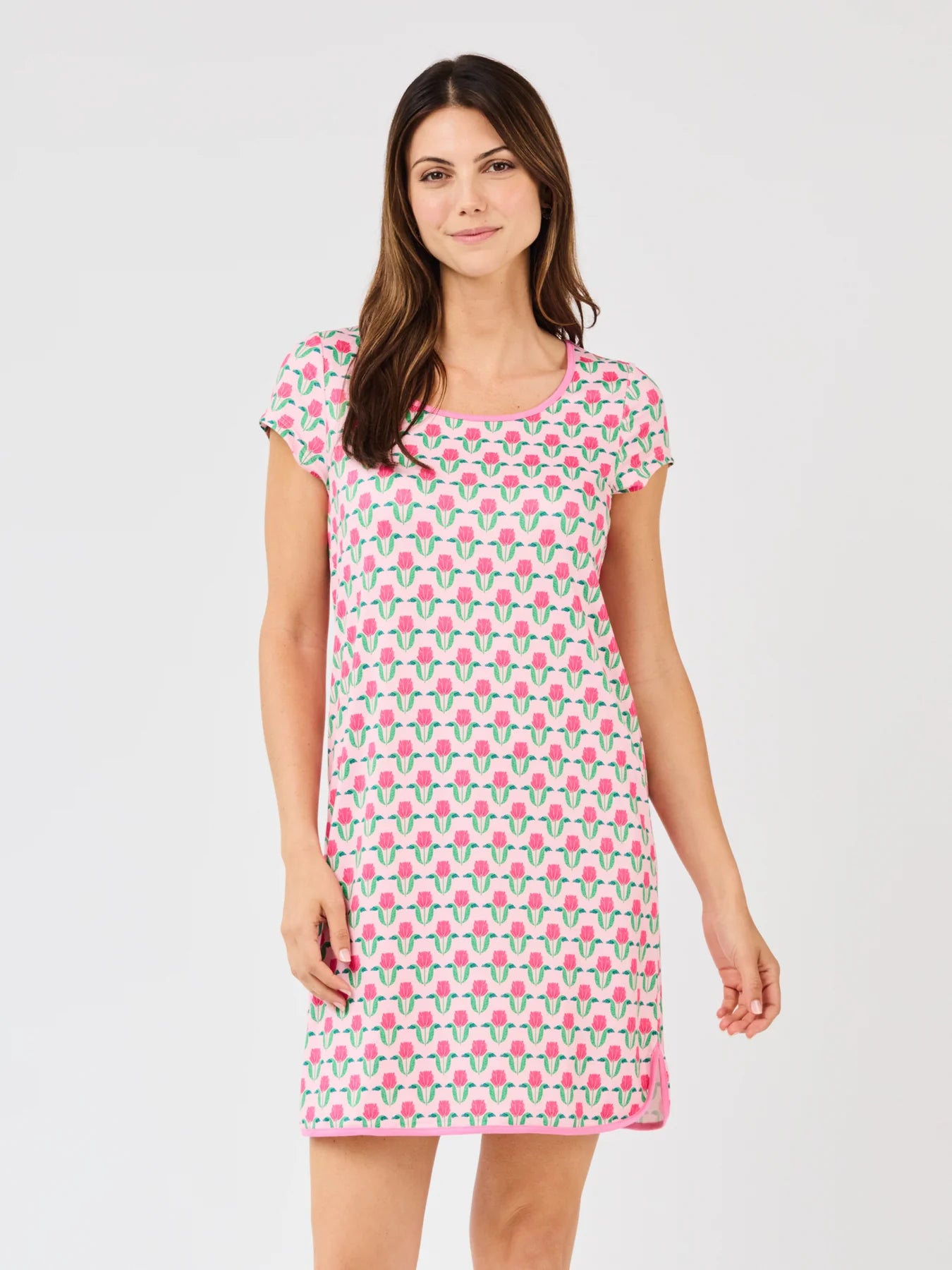 Melody Flora Fanfare Pink Nightshirt—short-sleeve, knee-length, floral print, pink trim, ButterSoft fabric. Sizes: S-XXL.