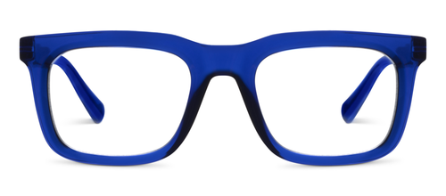 The Lasso Progressives - Blue: rectangular eyeglasses with bold solid blue frame, UV400 protection. Available in multiple sizes.