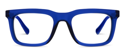The Lasso Progressives - Blue: rectangular eyeglasses with bold solid blue frame, UV400 protection. Available in multiple sizes.