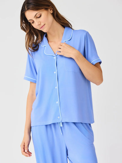 Charlotte Blue Pants Set: light blue with white piping, buttons, collared top, chest pocket, matching pants. Sizes XS-XL.