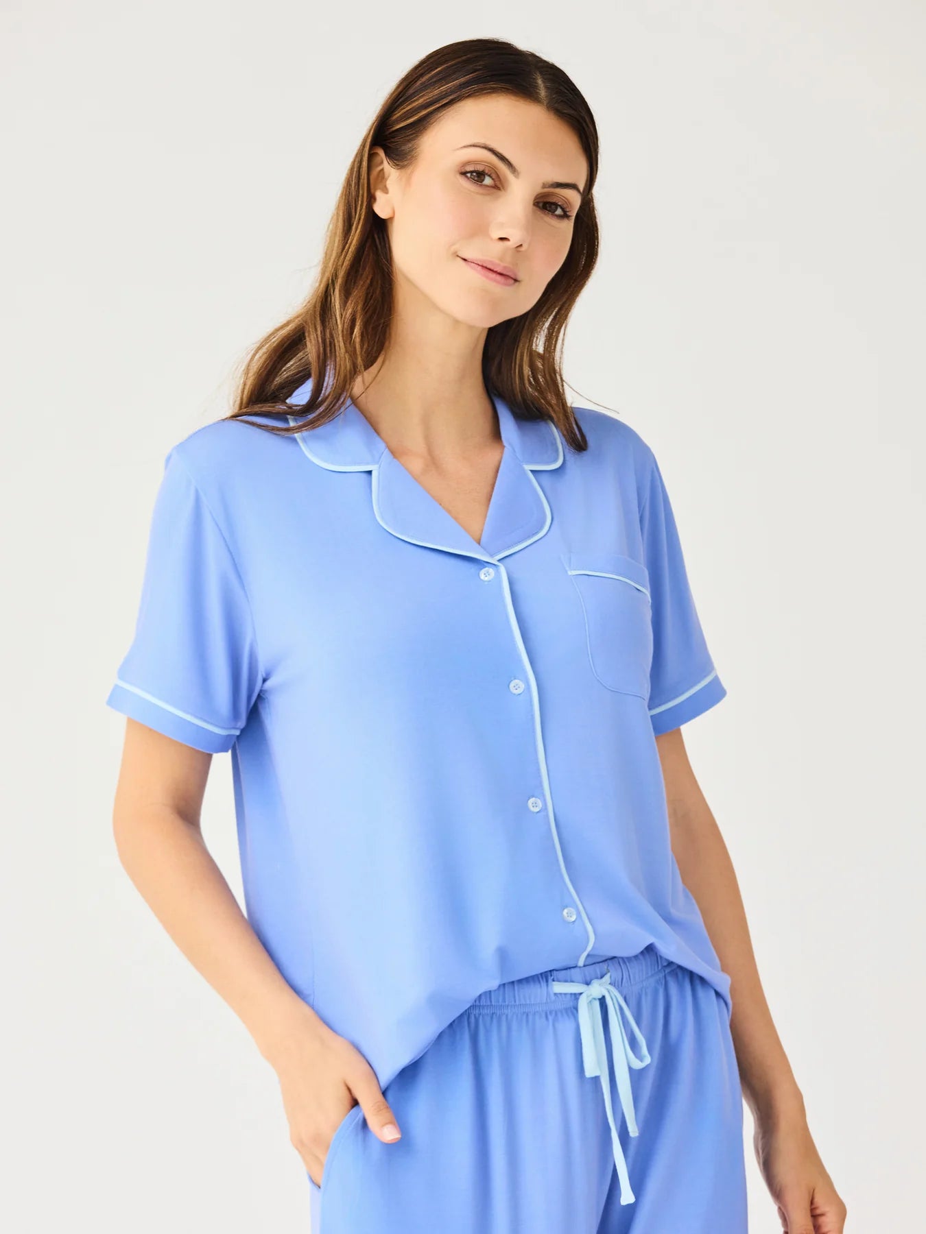 Charlotte Blue Pants Set: light blue short-sleeve button-up top with white trim and matching pants. Available in sizes XS-XL.
