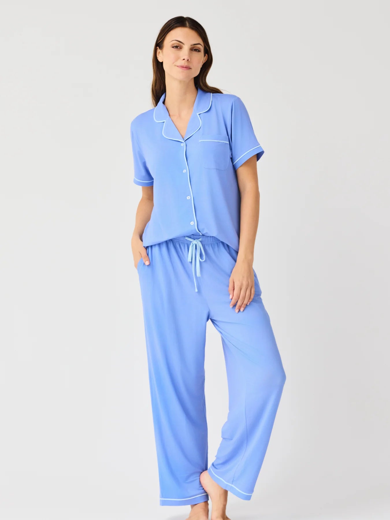 Charlotte Blue Pants Set: light blue loungewear with white trim, short-sleeve button-up top, drawstring pants. Sizes XS-XL.