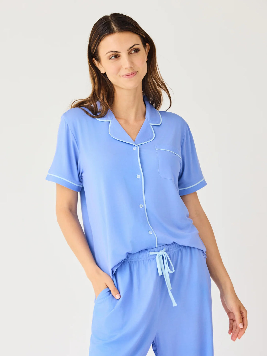 Charlotte Blue Pants Set with white piping, available in sizes XS–XL.