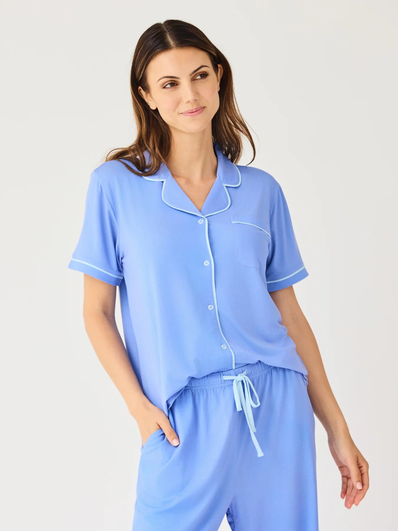 Charlotte Blue Pants Set with white piping, available in sizes XS–XL.