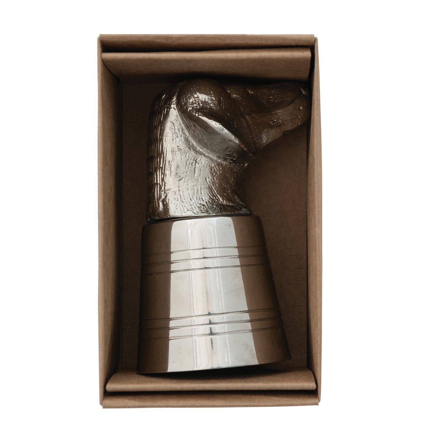 Cast Iron Stainless Steel Jigger with metallic horse head on cylindrical base; available in multiple sizes.