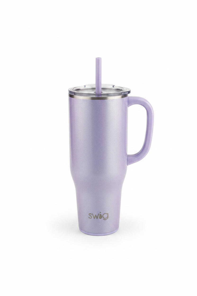 Pearlized Purple 40oz tumbler with handle, clear lid, reusable straw, "Swig" logo, triple insulation, and silicone base.
