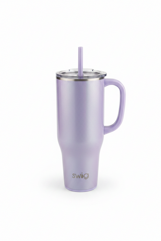 Pearlized Purple 40oz tumbler with handle, clear lid, reusable straw, "Swig" logo, triple insulation, and silicone base.