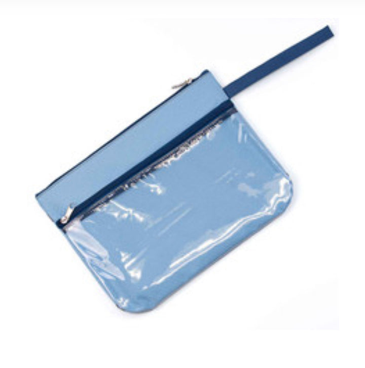 Blue Wet / Dry Bag with zippered closure, clear plastic front, and blue side strap. Available in small and large sizes.