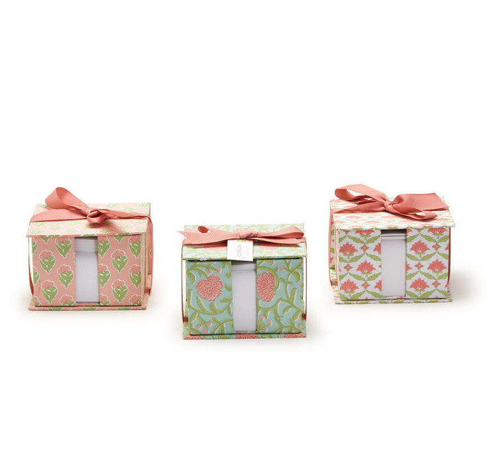 Floral Block Print Notepad with Pencil, pastel flowers and leaves, pink accents; available in 4x6-inch size.