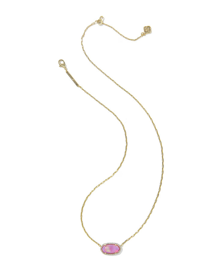 Small oval pink opalescent resin pendant with clear stones on gold chain. Available in 15-17" adjustable length.