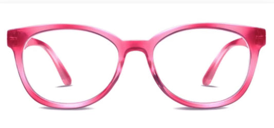 A pair of *Virginia Pink* frames featuring round lenses and slightly curved temples. Glossy finish with blue light filtering to reduce eye strain. Available sizes: Small, Medium, Large.