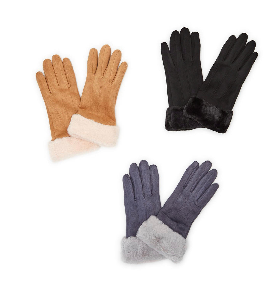 Ultrasuede Glove with Vegan Fur Trim in tan, black, or gray. Touchscreen compatible. Sizes S-L. Plush faux fur cuffs.