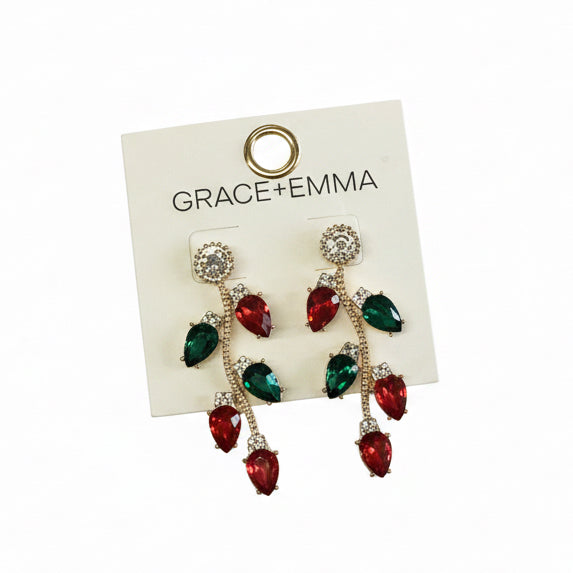 Christmas light dangle earrings with red and green teardrop bulbs and crystal-encrusted studs.