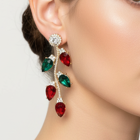 Gold-tone Christmas light dangle earrings with pavé stones and red and green pear-shaped crystal bulbs.