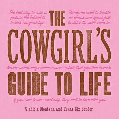 Pink "Cowgirl's Guide to Life" book cover, bold brown title, playful quotes. Available sizes: standard paperback.