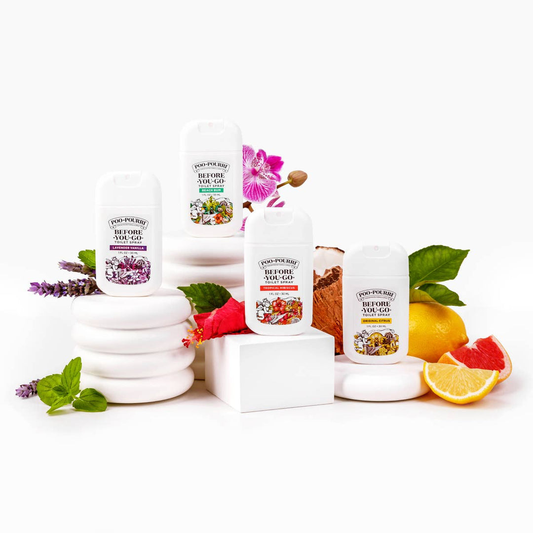 Poo~Pourri 1oz Pocket Sprayer with Pouch, white, tropical hibiscus fruit and leaf design. Available in 1oz size.