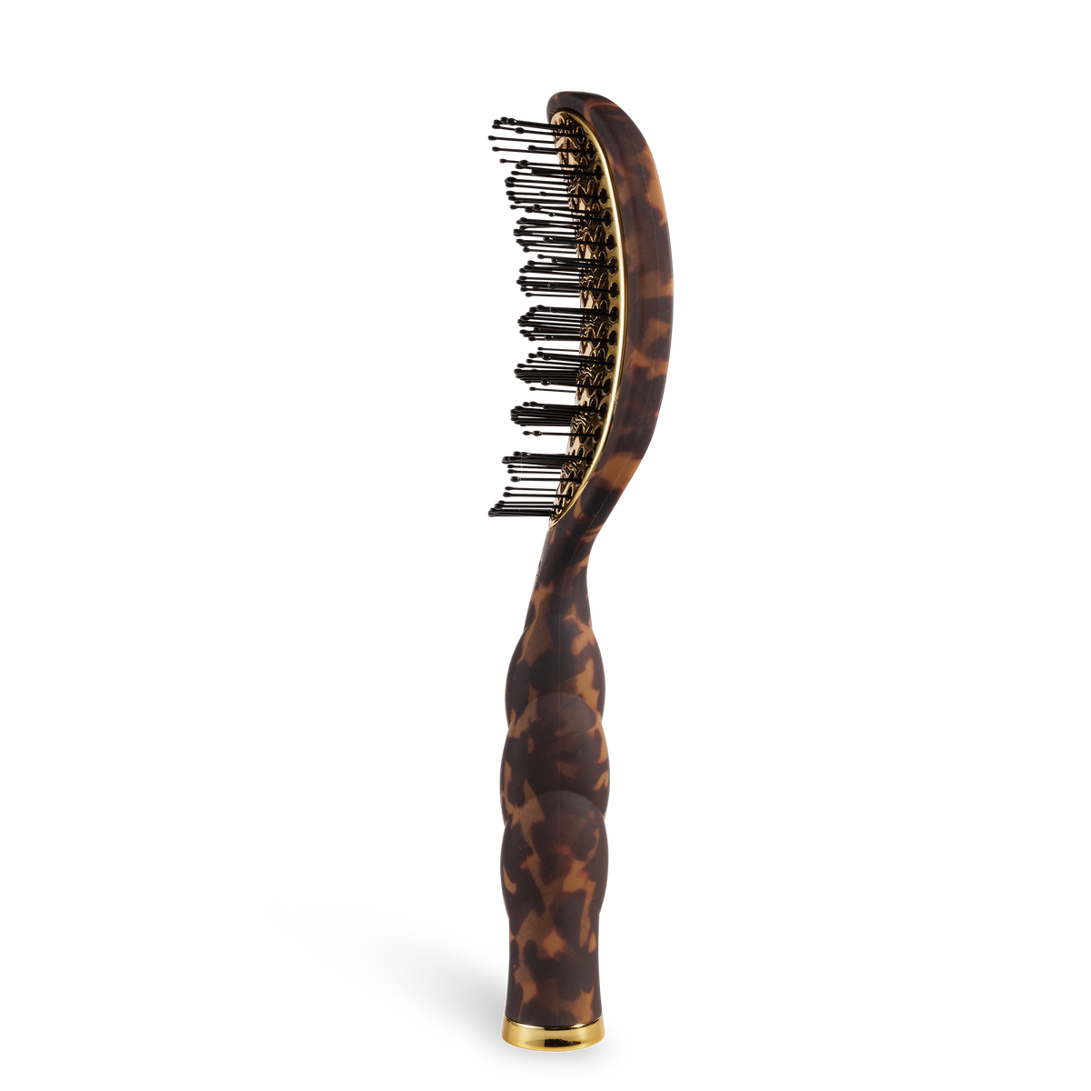 Brown tortoiseshell-patterned vented hair brush with gold accents, curved handle, plastic bristles with rounded tips, and quick-heat aluminum plate. Available in standard and travel sizes.