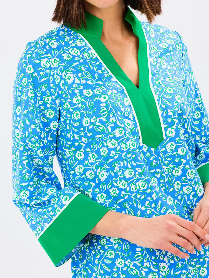 Brenda Meadow Line Blue Dress: tunic, green/white floral, collared V-neckline, green sleeve trim. Sizes XS-XL.