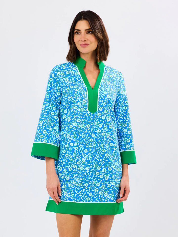 Brenda Meadow Line Blue Dress: blue floral tunic, collared V-neck, green trim, 3/4 sleeves. Sizes: XS-XL.