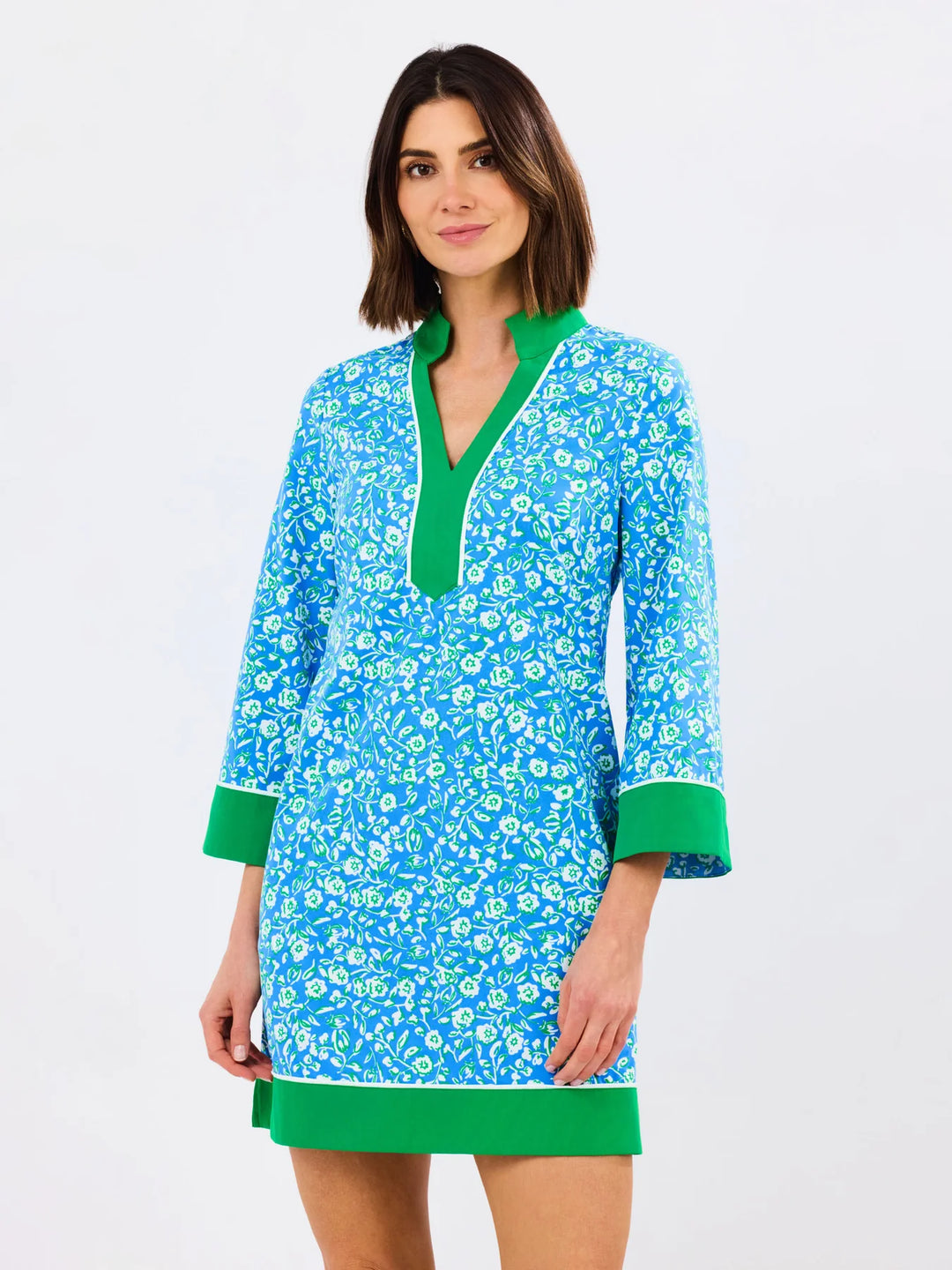 Brenda Meadow Line Blue Dress with blue/white floral pattern, green collar/cuffs, three-quarter sleeves. Sizes XS-XL.