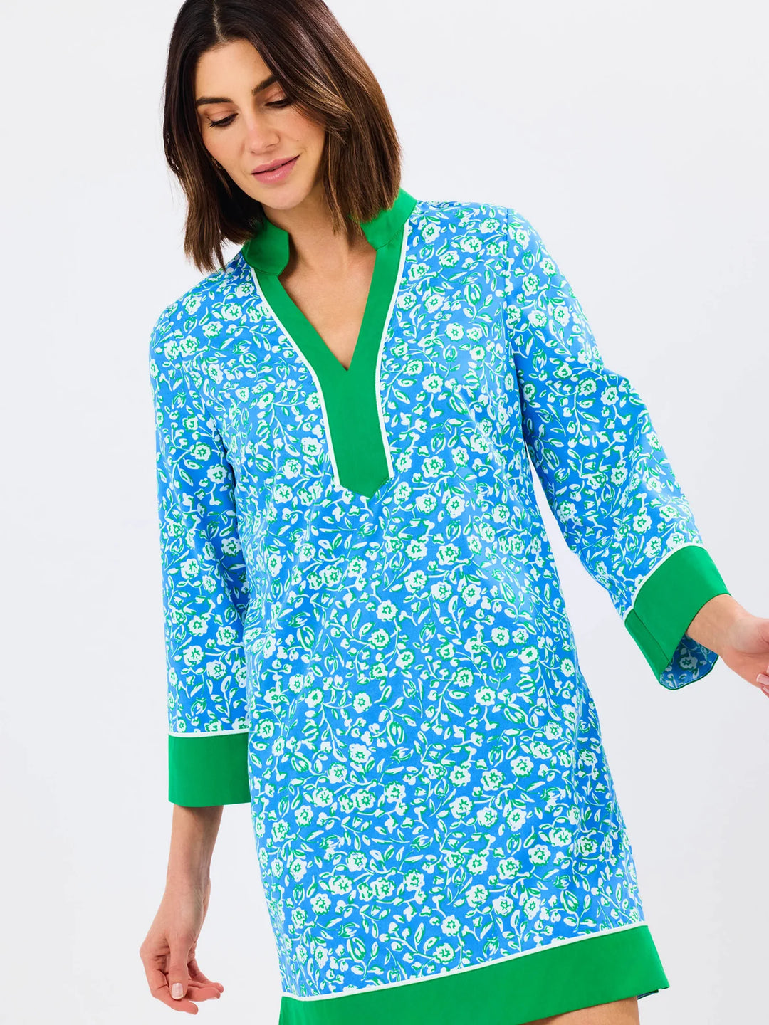 Brenda Meadow Line Blue Dress with blue floral pattern, green trim, 3/4 sleeves, collared V-neck. Sizes: XS–XL.