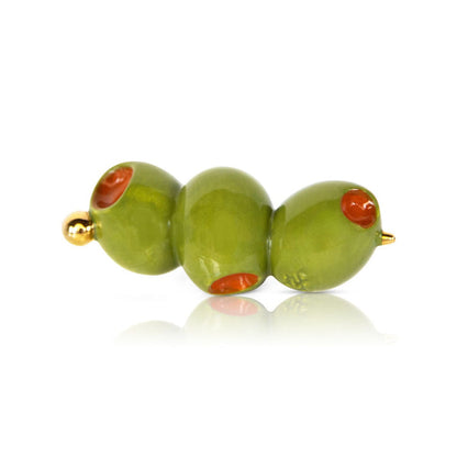Nora Fleming Minis ceramic pin with three green olives, red pimento centers, and gold accents. Sizes available: standard mini.