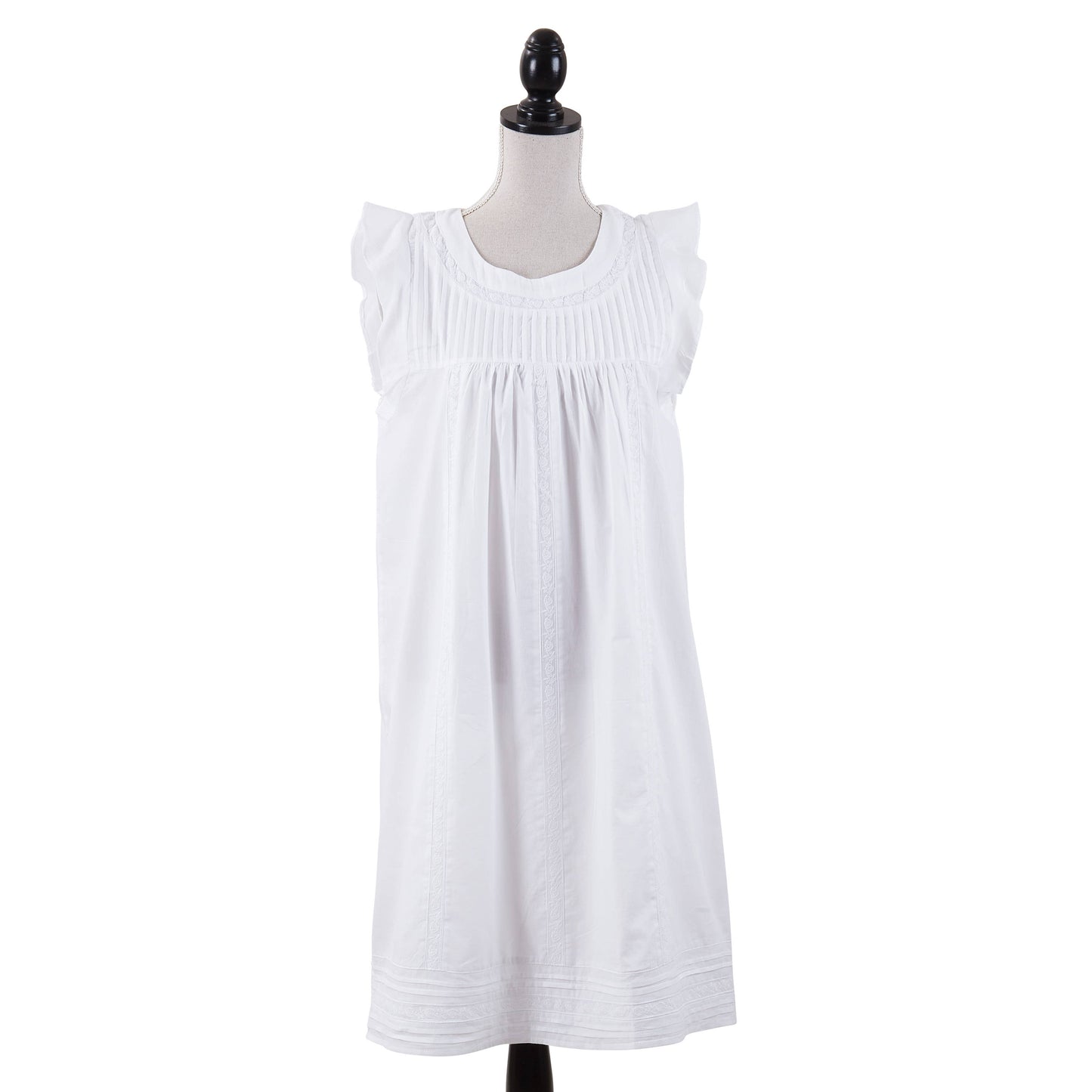 Knee-length, sleeveless white embroidered nightgown with ruffled shoulders, pleated chest. Available in S, M, L.