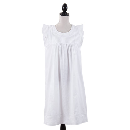 Knee-length, sleeveless white embroidered nightgown with ruffled shoulders, pleated chest. Available in S, M, L.