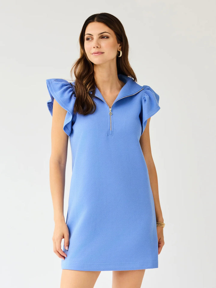 Paige Blue Dress with flutter sleeves and gold metal zipper at collar; available in sizes XS-XL.