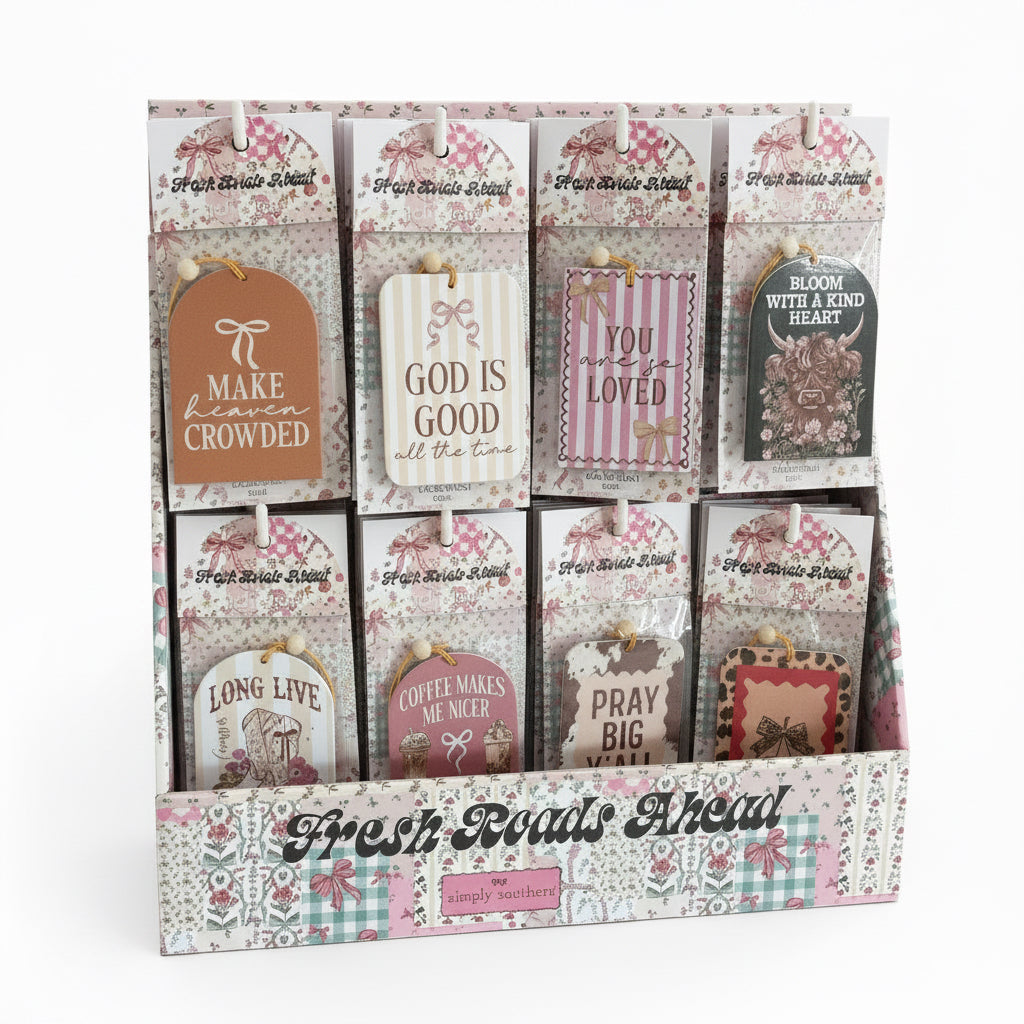 Display stand with 8 pastel floral hanging tags featuring inspirational quotes. Available in standard tag size.