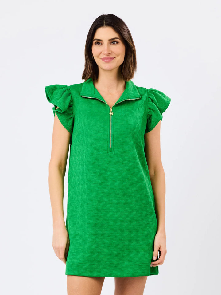 Paige Green Dress with flutter sleeves and gold metal zipper at collar; available in sizes XS-XL.