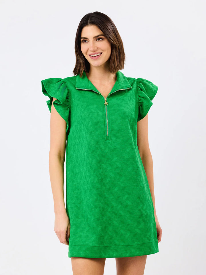 Paige Green Dress with flutter sleeves and front gold zipper. Available in sizes XS–XL.