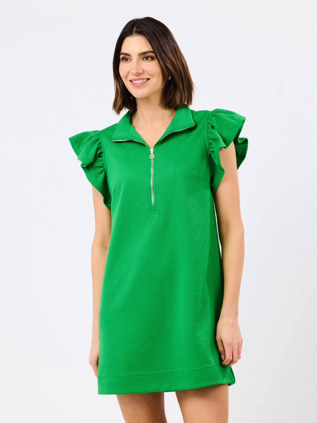 Paige Green Dress with flutter sleeves and short gold metal zipper. Available in sizes XS-XL.