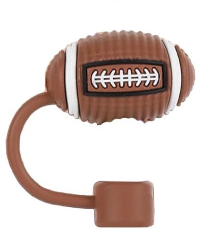 Small keychain shaped like an American football with a flexible brown loop, designed as a silicone straw topper or cover for 30 oz tumblers.